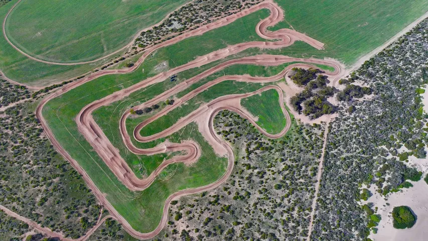 Aerial view of a 7.5 kilometre MX and enduro track cut through Australian farmland